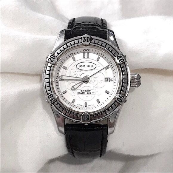 LOIS HILL Round White Filigree Scroll Sport Watch w/ Black Leather Embossed Band - Picture 6 of 7